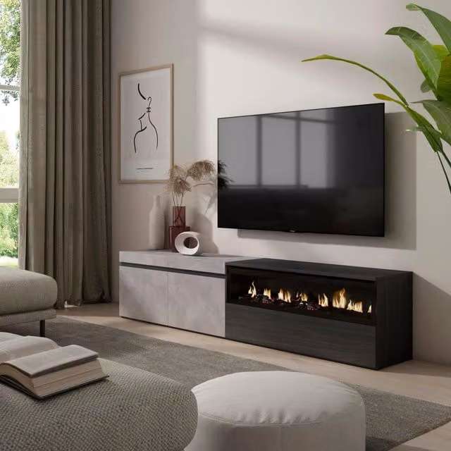 Mobile TV, 200x35x45cm, soggiorno, Per TV fino a 80", Camino elettrico, grigio cemento RF2247