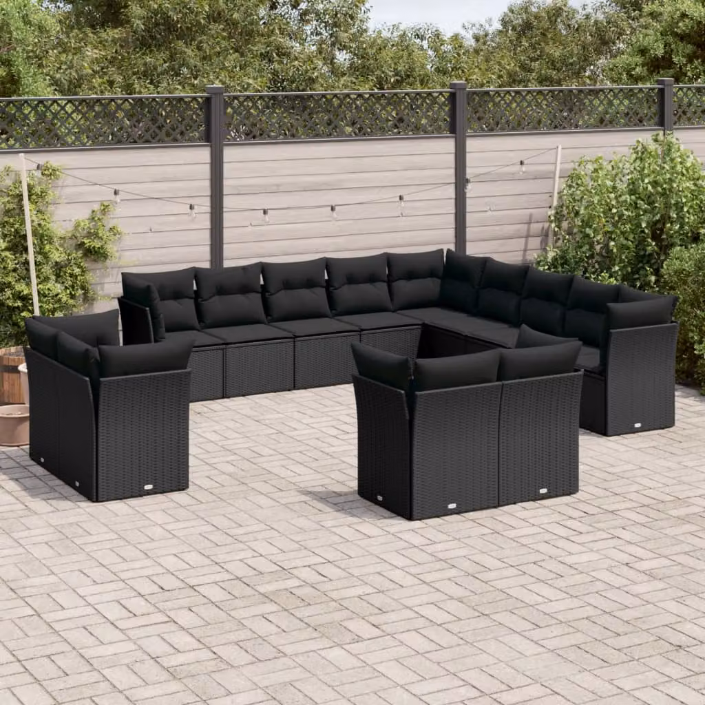 vidaXL Set Divani da Giardino a Forma di U con Cuscini Neri in Polyrattan e Struttura in Acciaio – 1