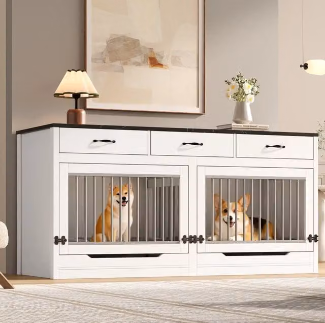 Gabbia per cani ULEVR 164x60x81 cm per 2 cani con divisorio rimovibile, 3 cassetti e porta a ribalta, bianco e nero