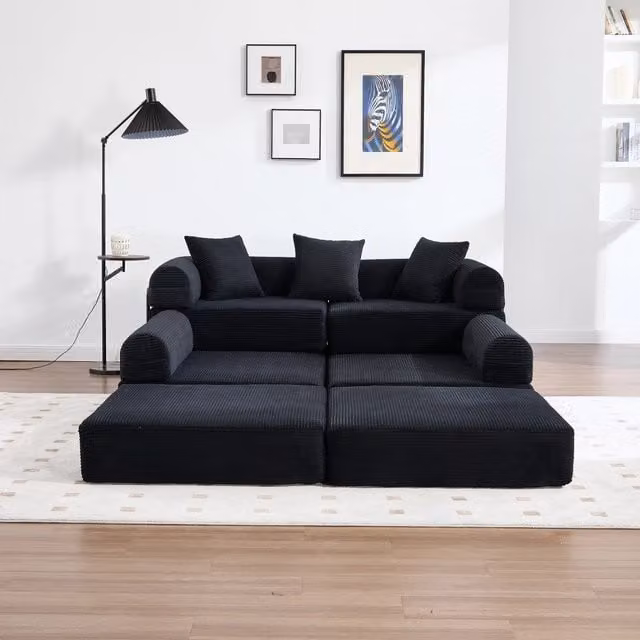 Divano modulare WISHDOR in velluto a coste nero con funzione letto e design moderno per soggiorno o home office L: 270 cm, P: 73.9 cm, H: 64 cm