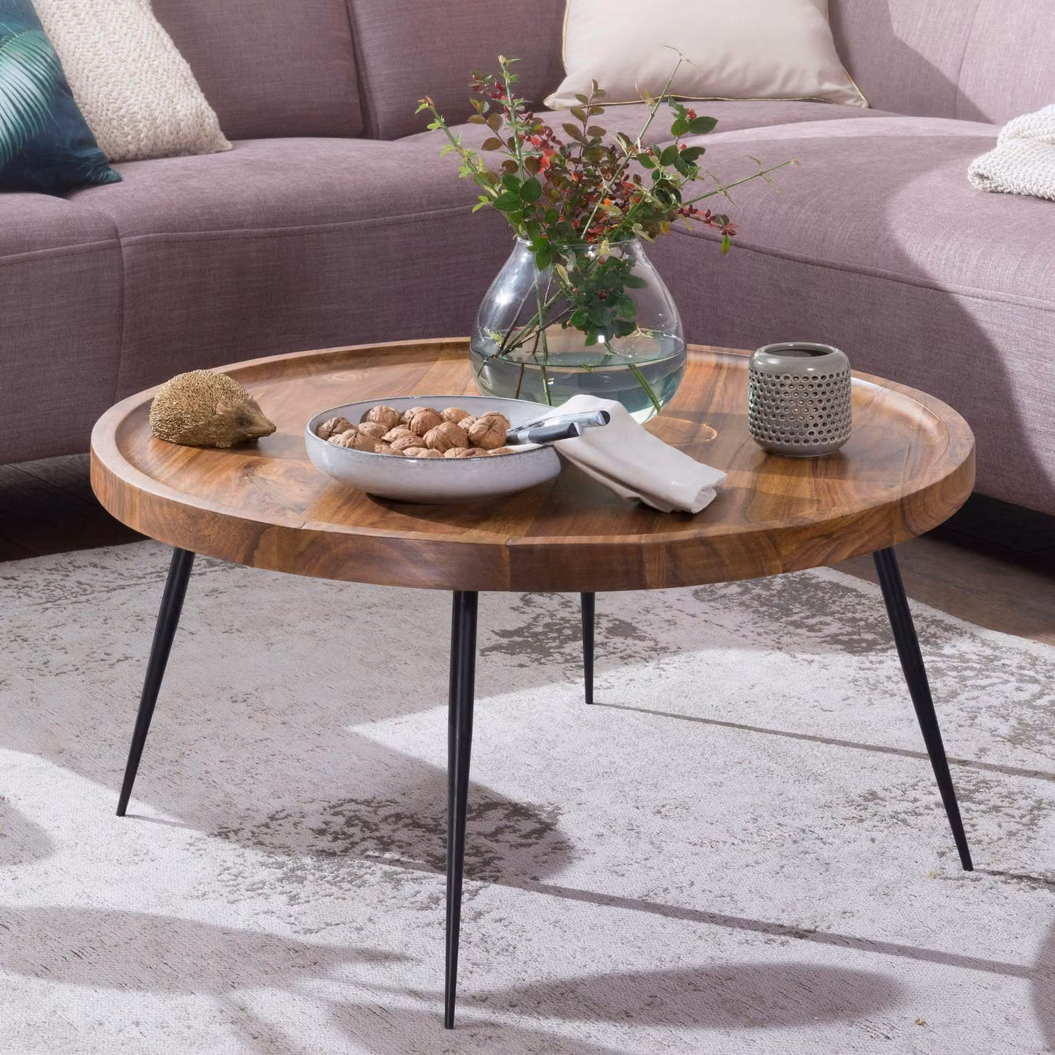 FineBuy tavolino in legno massiccio Sheesham rotondo Ø 75 cm - tavolo da salotto con gambe in metallo | tavolo di design fatto a mano in stile retrò | stabile