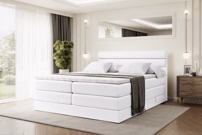 Letto boxspring ALTDECOR con 2 materassi e topper - 160x200 cm - CELESTIA KING - Pelle finta bianca - Letto imbottito con materassi H3 e H4, contenitore e rete a doghe, letto con spazio contenitivo