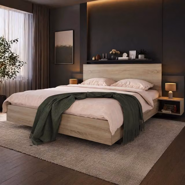 Letto matrimoniale in legno 160x200 cm con 2 comodini sospesi in rovere Sonoma e grigio scuro