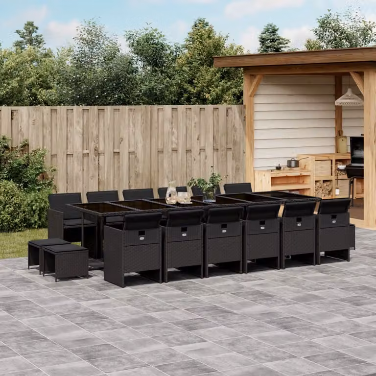 Set da pranzo da giardino vidaXL in polyrattan nero con cuscini e piano in vetro, 17 pezzi