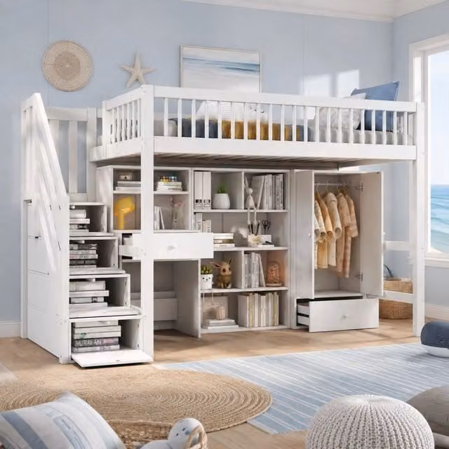 Letto per bambini multifunzionale con scrivania; scala e armadio; 90x200 cm; legno massello; bianco