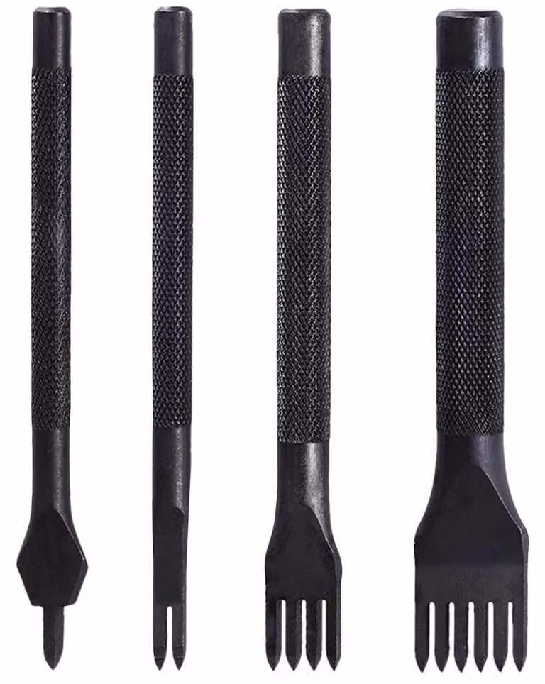 Set di punzoni per la lavorazione della pelle, composto da 4 pezzi, con distanza di 5 mm, e con 1/2/4/6 punte