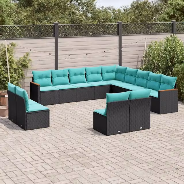 Set di Divani da Giardino a L vidaXL in Polyrattan con Cuscini Blu e Turchese e Struttura in Metallo Nero
