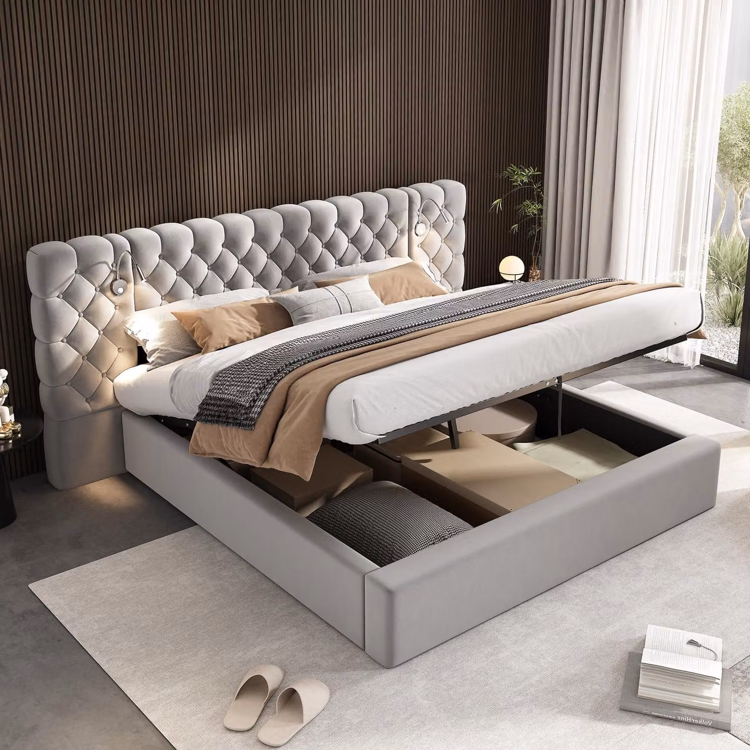 Letto imbottito idraulico Flieks 160x200cm con luce di lettura, letto a molle con contenitore, letto matrimoniale in legno letto funzionale, velluto, grigio