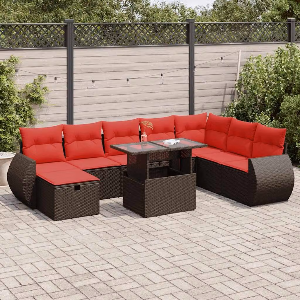 Set di divani da giardino vidaXL 9 pz in polyrattan con cuscini e tavolino da esterno a forma di U nero