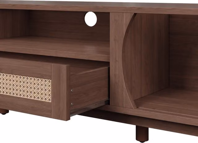 Mobile TV con 2 Ante Scorrevoli e 2 Cassetti in Rattan; Stile Country; Soggiorno; 165×37×46 cm; in MDF; Noce