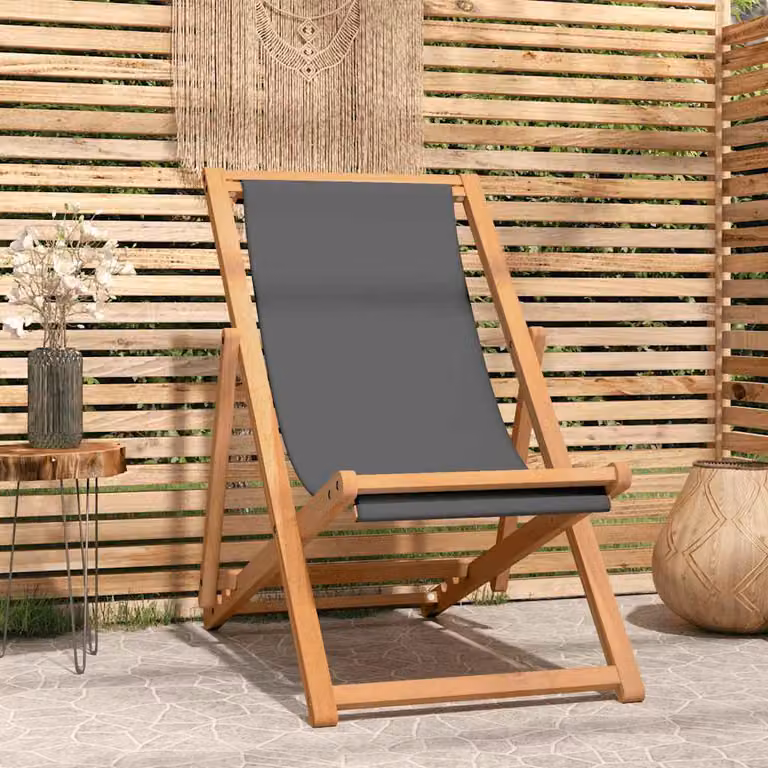 Sedia pieghevole da giardino vidaXL in legno di teak trattato con tessuto grigio resistente alle intemperie