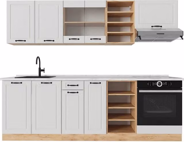 Cucina componibile R-Line Vicco in stile country house, Bianco rustico e Rovere dorato, L: 240 cm