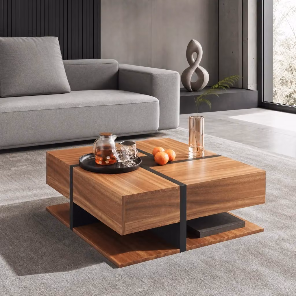 Tavolino basso quadrato Mivray per soggiorno con 4 cassetti e ripiano inferiore in legno marrone opaco L: 78 cm, P: 78 cm, H: 36 cm – 2