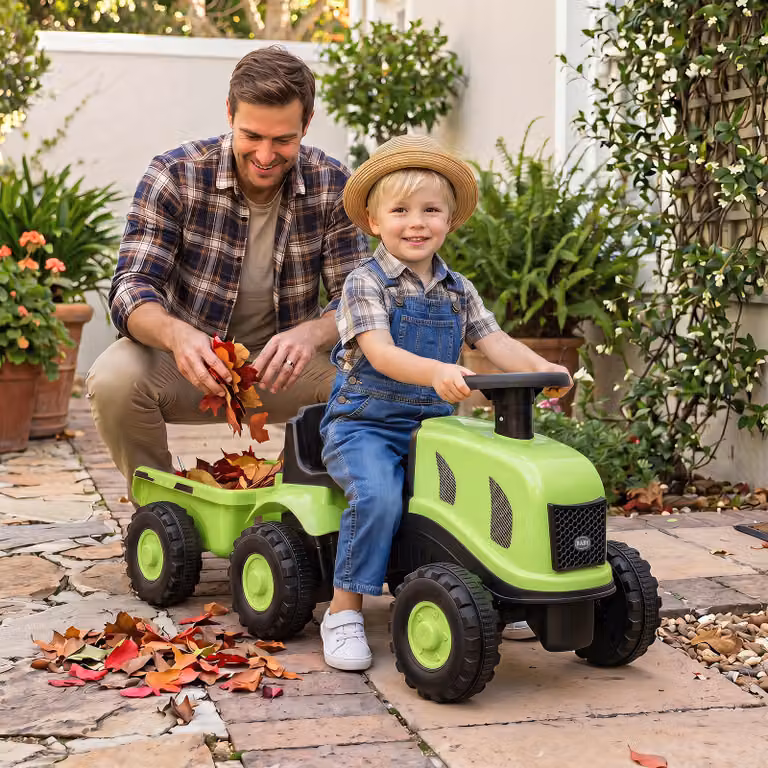 Trattore cavalcabile Costway per bambini con rimorchio rimovibile, clacson e cruscotto, colore verde