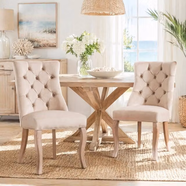 Sedia imbottita beige in velluto con schienale alto