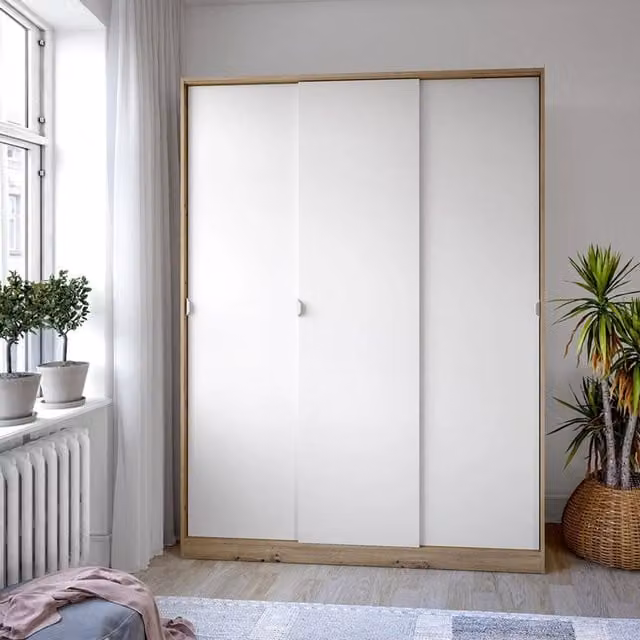 Armadio moderno DMORA per camera da letto con ante scorrevoli e ripiani interni, finitura rovere, L: 150 cm, H: 200 cm, P: 50 cm