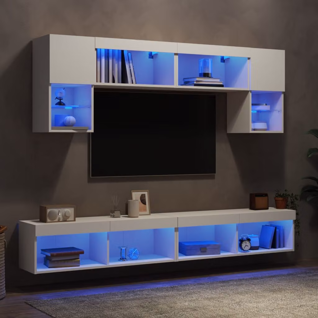 Mobile TV a muro vidaXL in legno multistrato bianco con illuminazione LED e 6 scomparti – 1