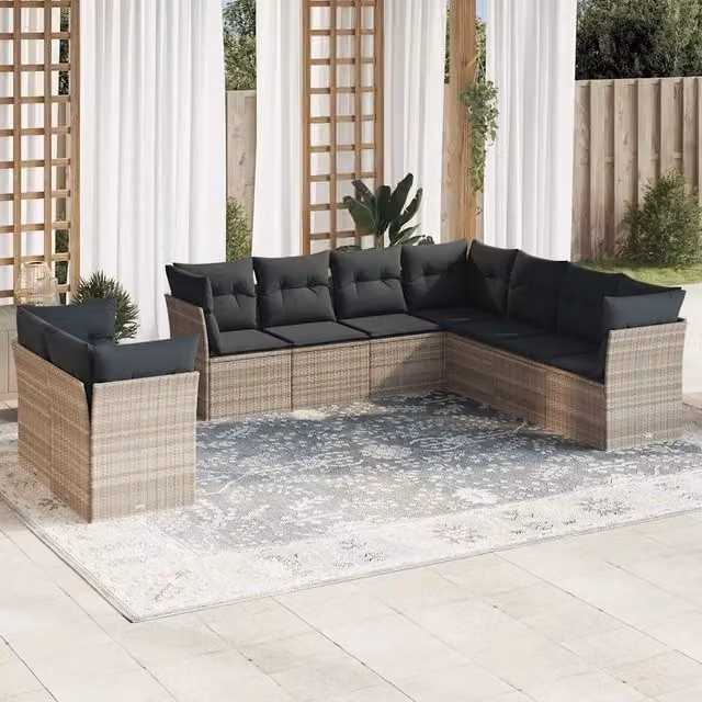 Set Divano da Giardino 9pz con Cuscini Grigio Chiaro Polyrattan 3217842