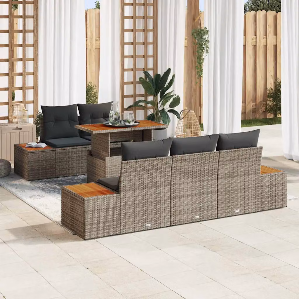 Set da pranzo da giardino vidaXL in rattan e legno di acacia con tavolo a ribalta, 6 pezzi, Grigio e Marrone – 1
