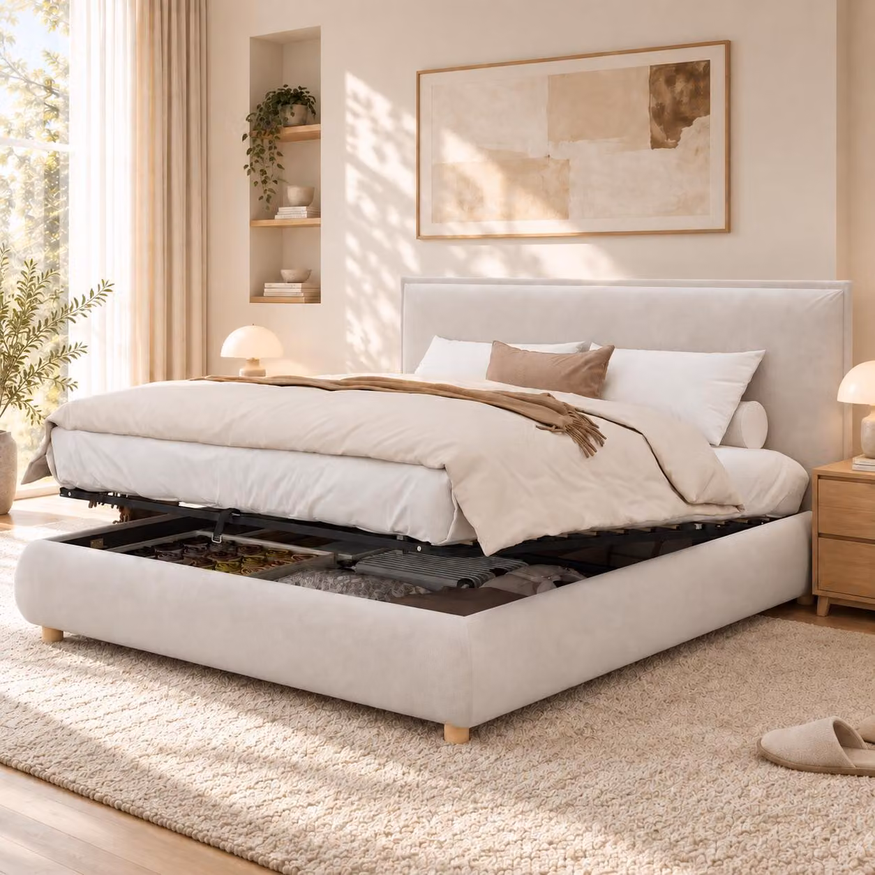 Letto imbottito 160x200 cm con spazio contenitore a sollevamento idraulico, rete a doghe, testiera in velluto e gambe in legno massello, letto matrimoniale fino a 220 kg, colore crema