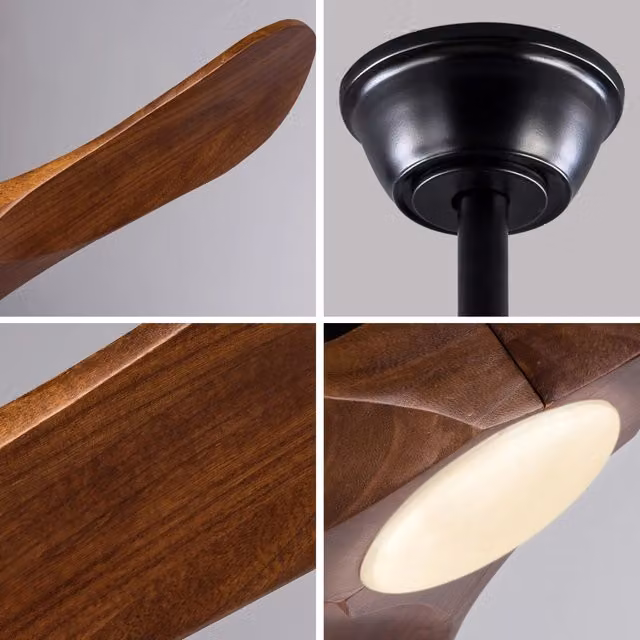 Ventilatore da soffitto Minimal con luce LED e 3 ali in legno massello, motore DC silenzioso, 6 velocità reversibili, nero o marrone, 42 pollici