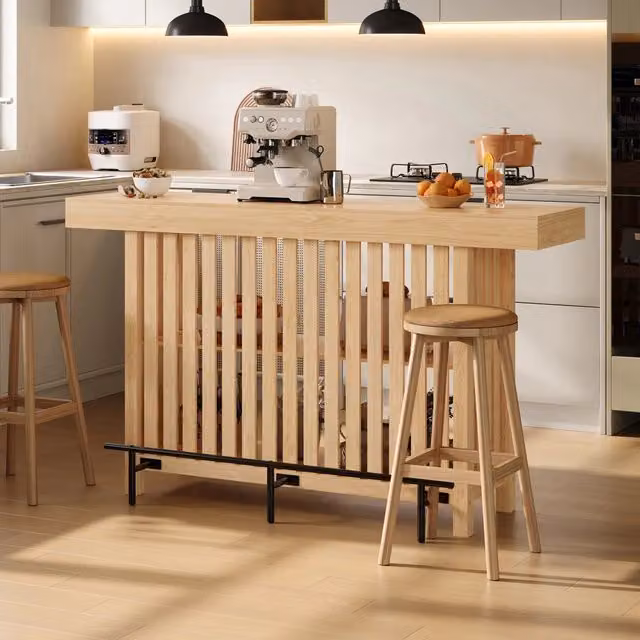 Tavolo bar in MDF effetto legno naturale con poggiapiedi e scaffale a 2 livelli; 160 × 40 × 105 cm; per cucina