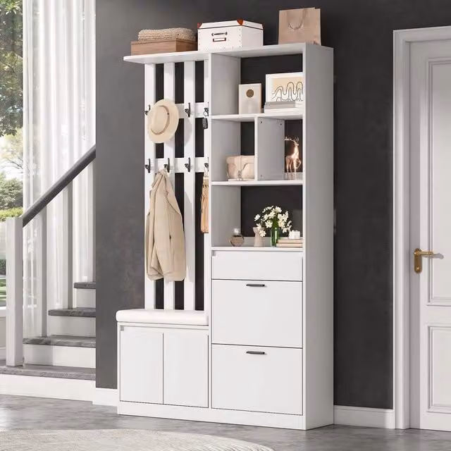 Set appendiabiti con scarpiera e panca ¨C Minimal ¨C Bianco MDF 120x30x200cm con cassetti ante e ganci salvaspazio per ingresso