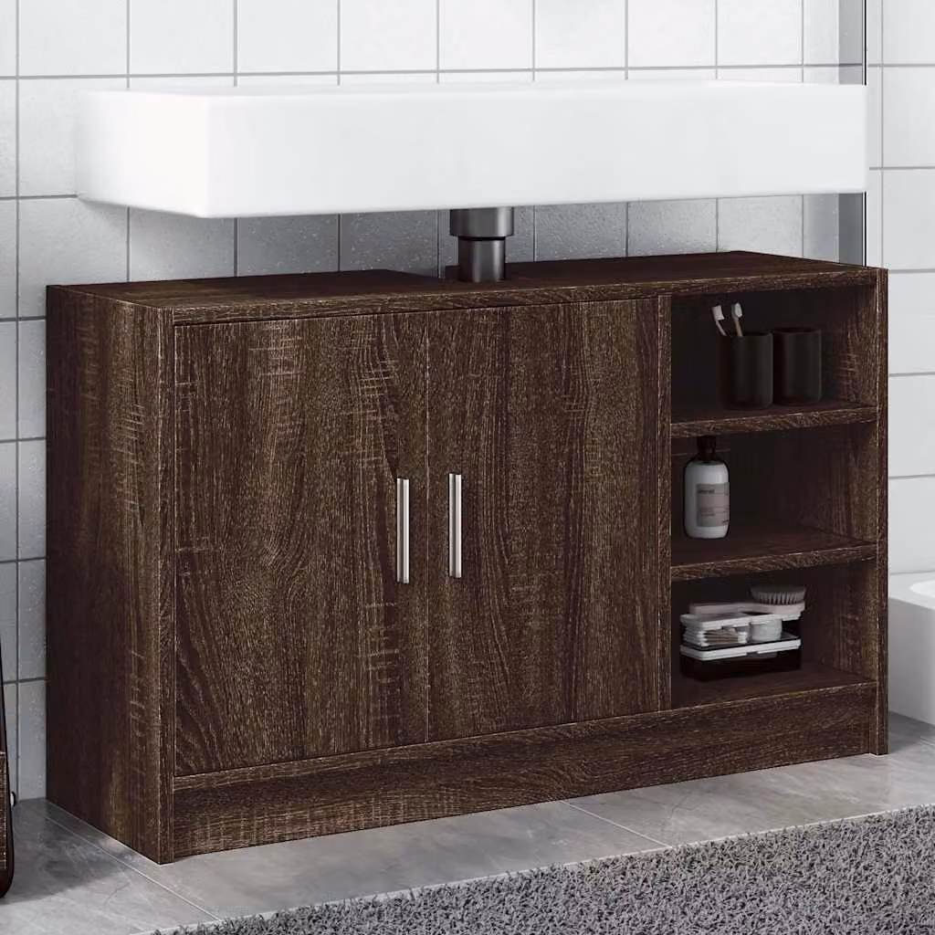Mobile Lavabo Moderno vidaXL in Rovere Marrone con Ripiano Aperto e Ante a Battente, L 90 x P 29 x H 55 cm