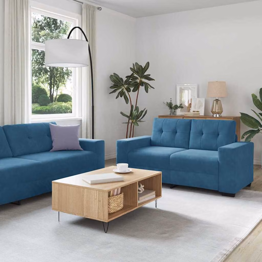 Set di divani 3 pezzi vidaXL in velluto blu per soggiorno con poltrona, divano a 2 posti e divano a 3 posti