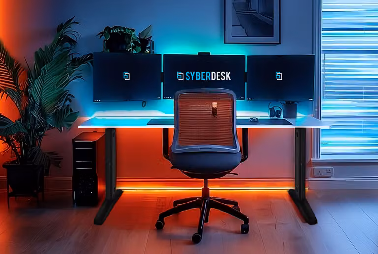 Scrivania da gioco SyberDesk ULTRA LED USB 165x68 XXL su telaio solido con sistema di gestione dei cavi, scrivania per giocatori, scrivania da gioco bianca