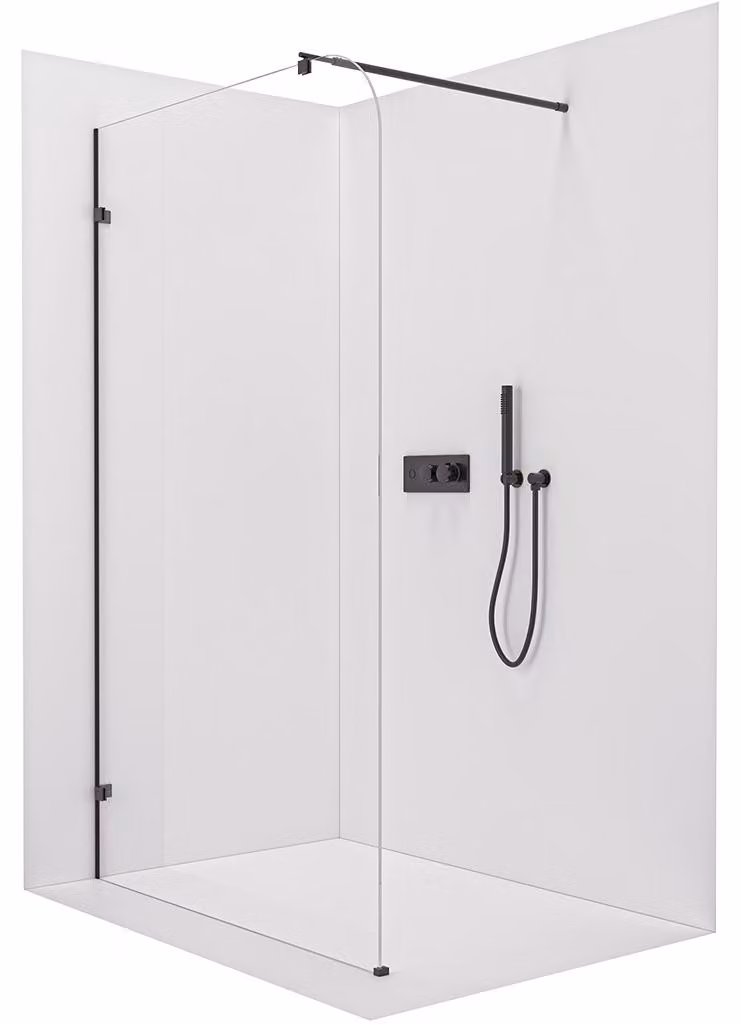 Pannello doccia angolare Walk-in Orbis Round L/P - 8 mm - colonna rotonda - nero opaco, vetro trasparente - 130x200 cm