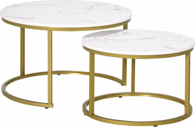 Tavolino da caffè rotondo Minimal bianco e oro con piano effetto marmo e gambe in acciaio