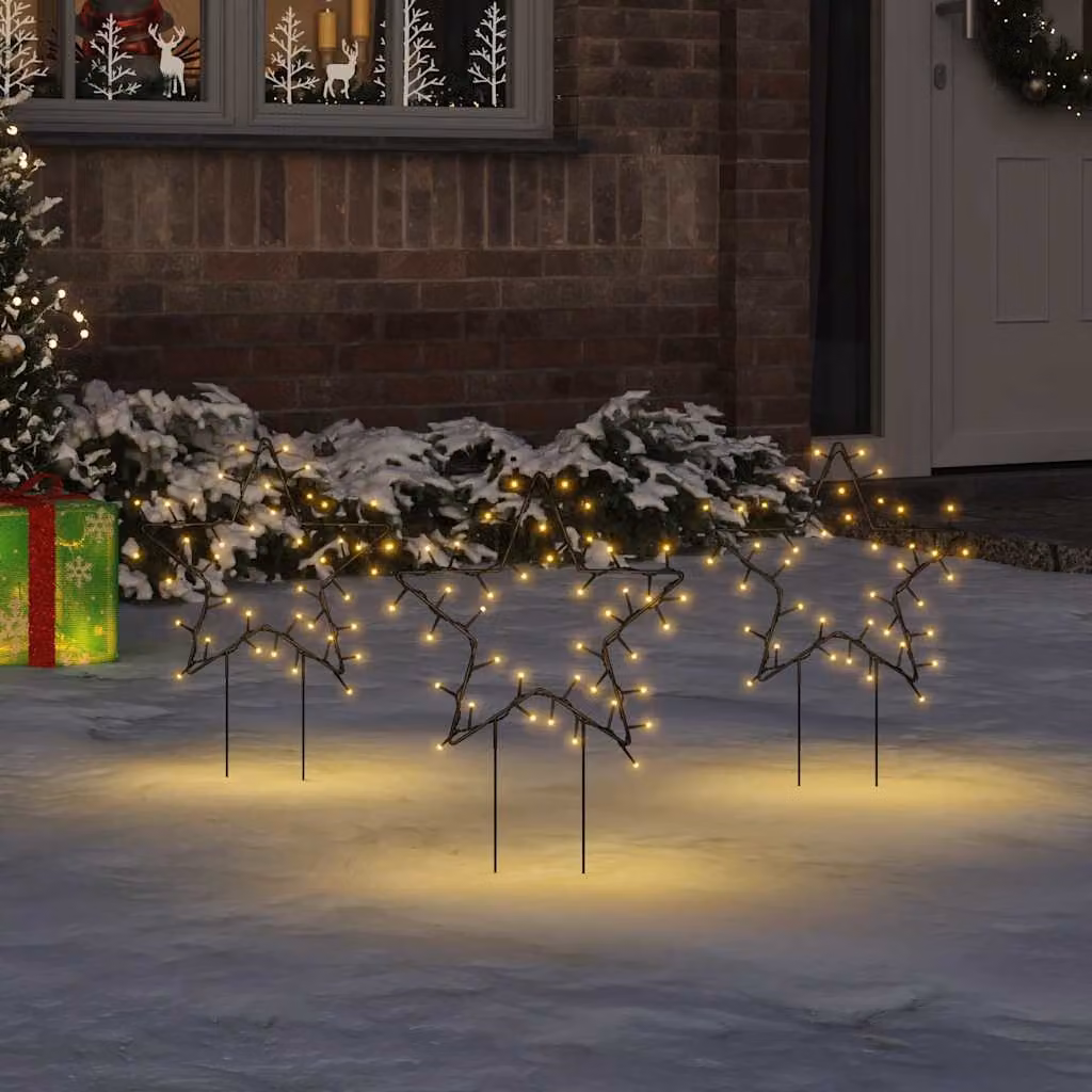 Set di 3 decorazioni natalizie a forma di stella con picchetti vidaXL, luce LED bianco caldo, colore bianco e nero, Altezza: 29 cm