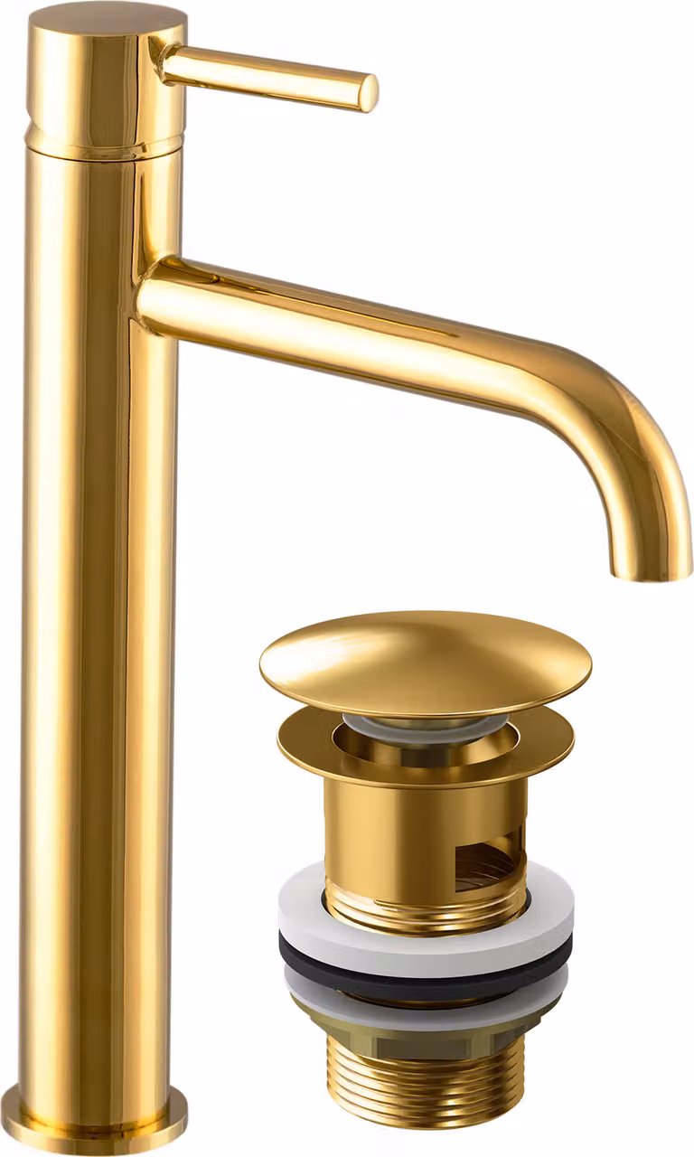 Granitan - Rubinetto per lavabo - Rubinetto da bagno - versione alta - oro - con tappo a scatto - KIVO