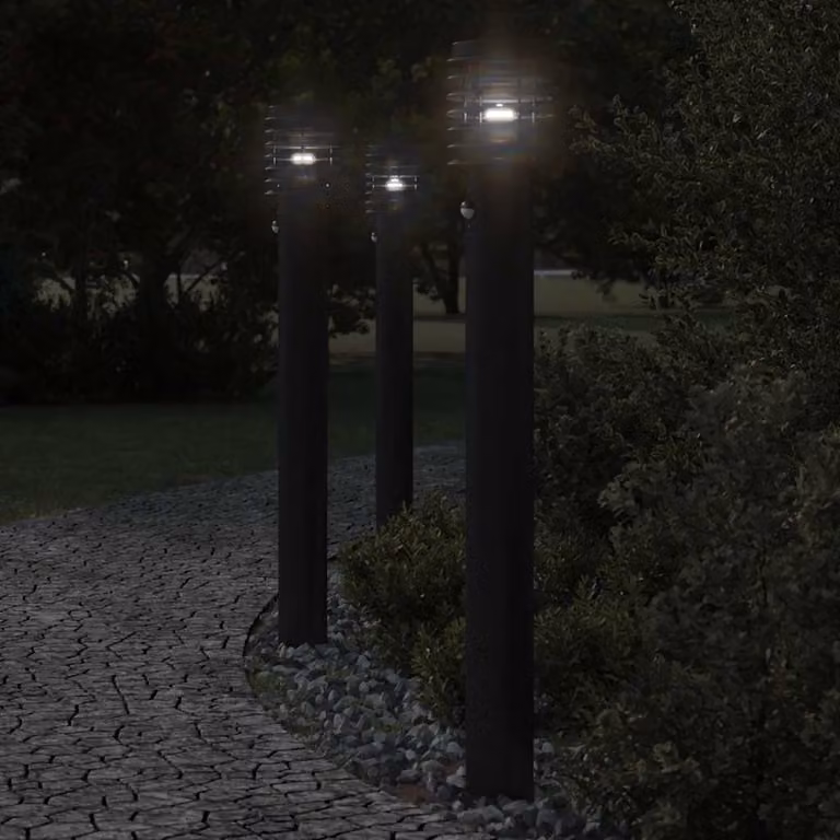 Set di 3 lampade da terra per esterni vidaXL con sensore di movimento, colore nero, in acciaio e metallo, Altezza: 110 cm