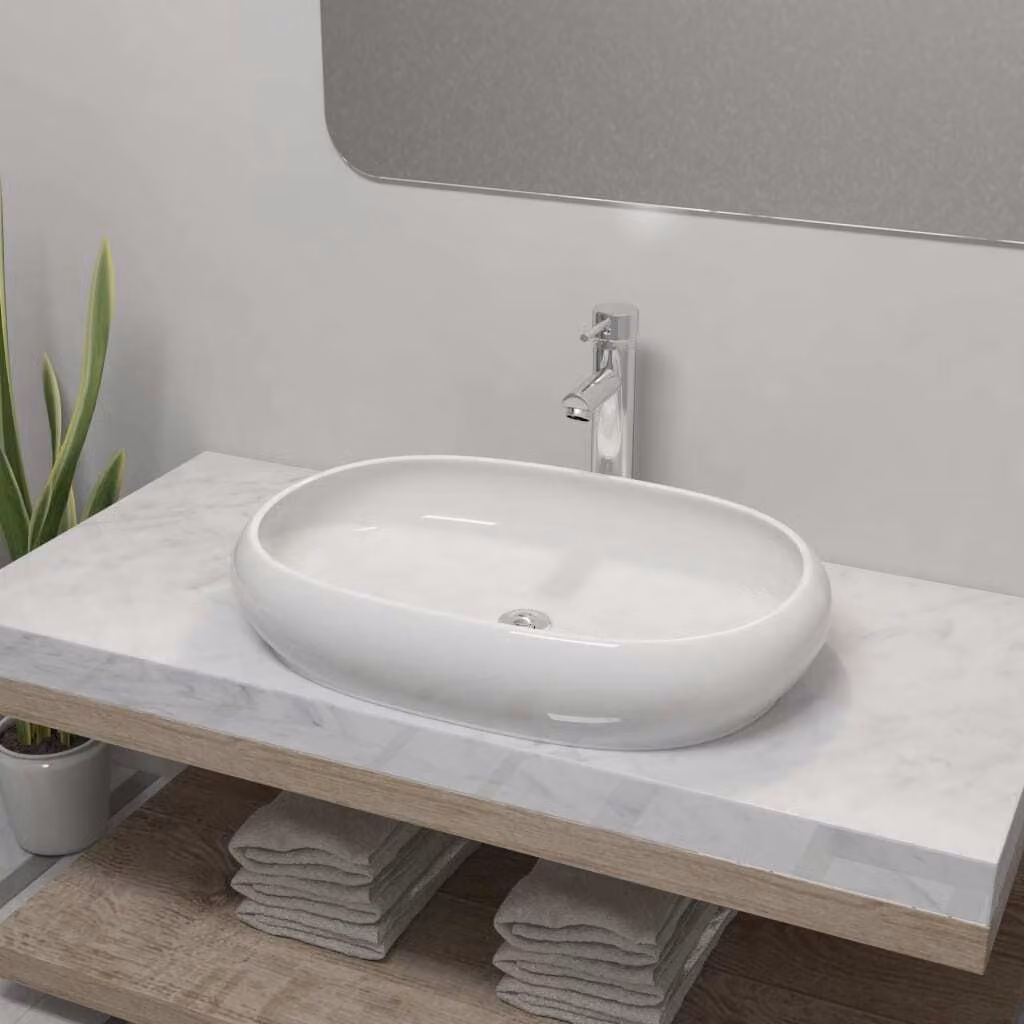 The Living Store Lavandino da bagno con miscelatore in Vetroceramica ovale bianco