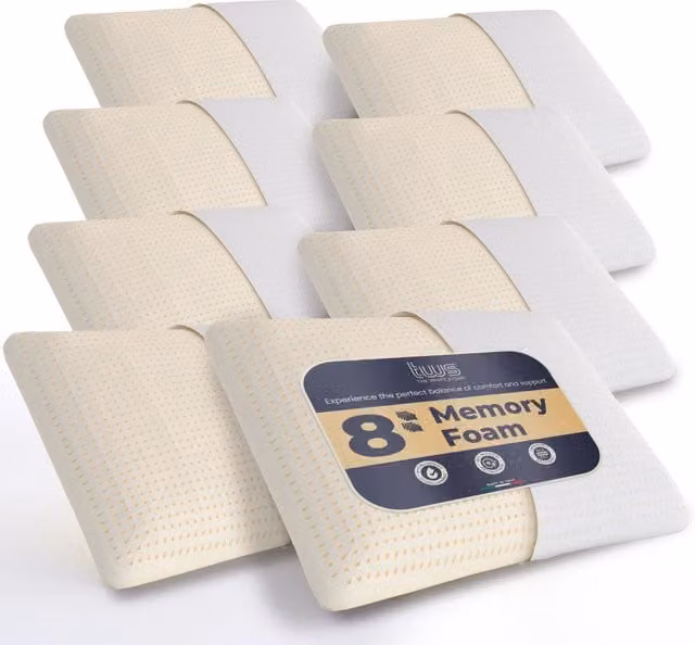 Set da 8 Guanciali The White Stone in Memory Foam Ipoallergenici ed Ergonomici, Colore Bianco, L 40 cm x P 70 cm, Altezza: 11 cm