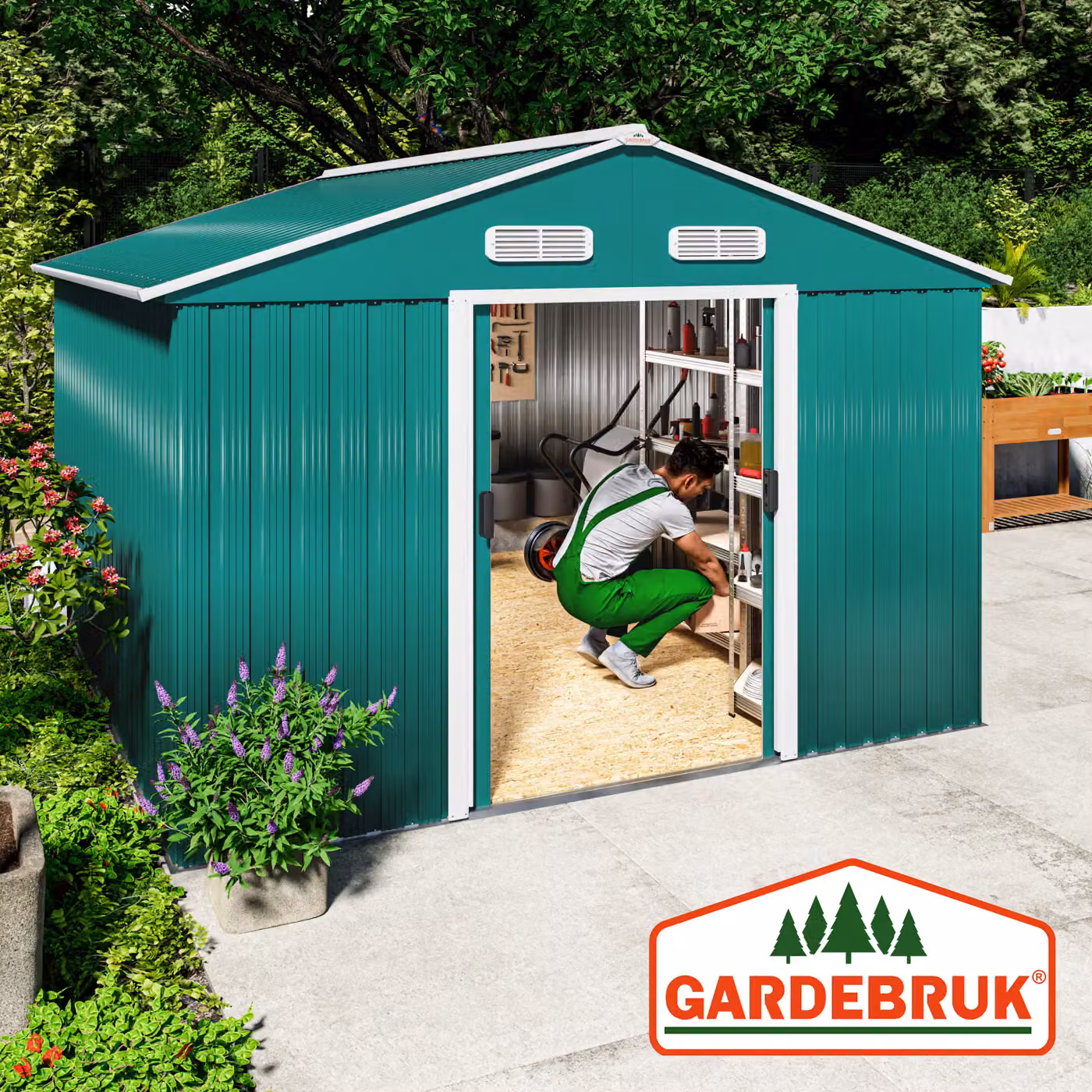 Casetta da giardino Gardebruk in metallo verde con porta scorrevole e ventilazione del tetto L 260 cm x P 315 cm x H 180 cm – 3