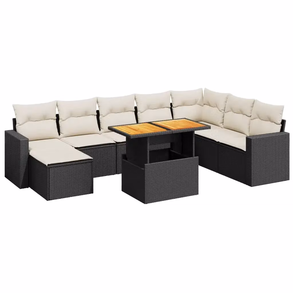 vidaXL Set Divani da Giardino 9 pz in Polyrattan Nero con Cuscini e Tavolino da Esterno – 2