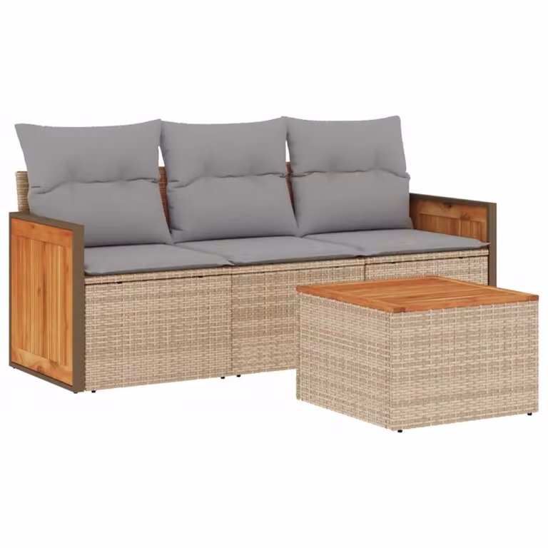 Set Divano da Giardino 4 pz con Cuscini Beige in Polyrattan