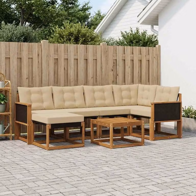Set di divani da esterno vidaXL 7 pz in legno di acacia con cuscini beige e marrone