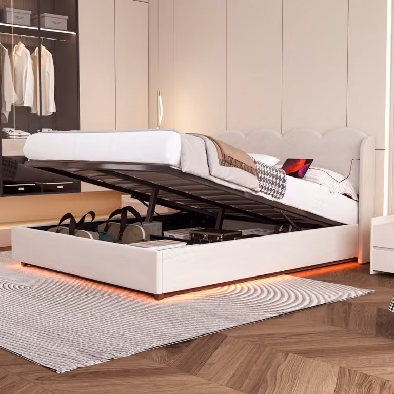 Letto imbottito AIORBER, 160x200cm, ondulato, tessuto vellutato, con luce LED, connessione USB+C, letto matrimoniale, ampio spazio di archiviazione, elevata capacità di carico, beige (senza materasso)