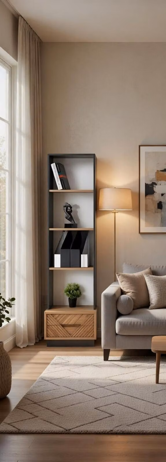 Libreria compatta, grigio-marrone, con cassetto esclusivo. Eleganti scaffali
