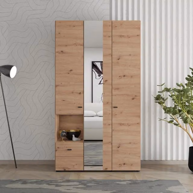 Armadio da camera da letto DMORA Patzcu con ante a battente, specchio e cassetti integrati, Marrone Rovere e Nero, L: 117 cm, P: 52 cm, H: 208 cm