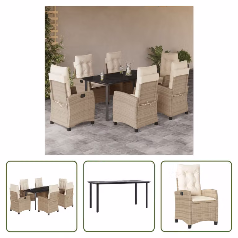 The Living Store Set da pranzo da giardino 7 pezzi con cuscini Beige poly rattan