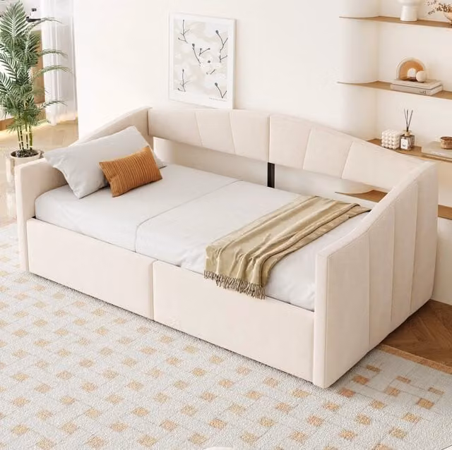 Letto divano 90x200 cm con contenitore idraulico e doghe in velluto beige
