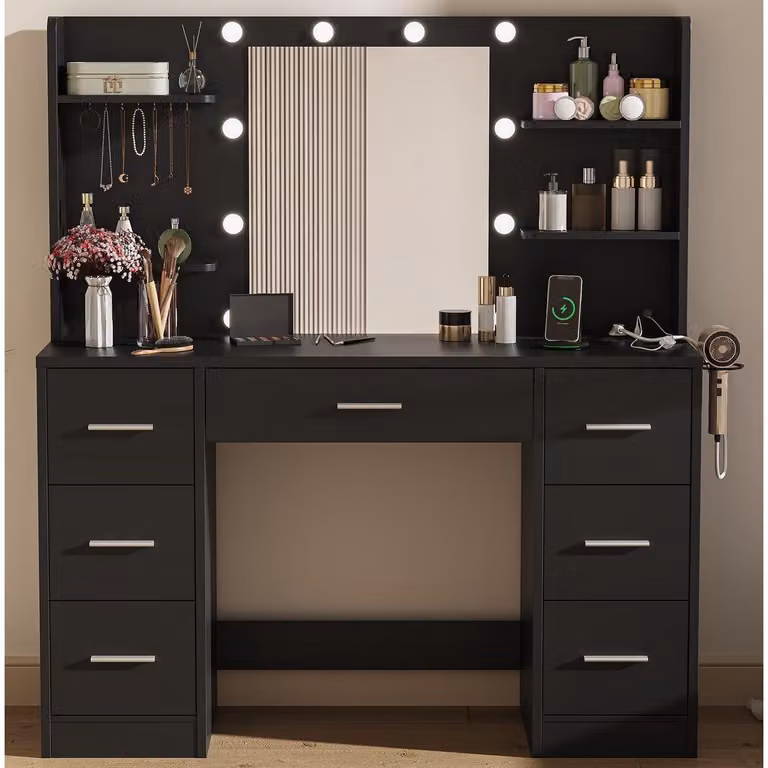 Comò da trucco con specchio, illuminazione a LED, 2 prese di corrente, 2 porte USB, 7 cassetti, colore nero