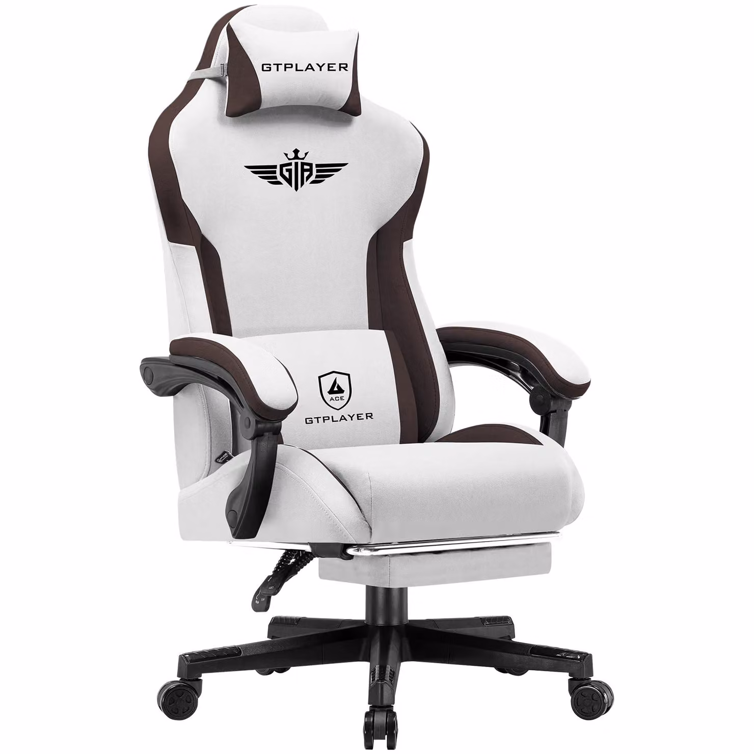 Sedia da gioco GTPLAYER, sedia da gioco ergonomica in tessuto con supporto lombare, sedia per PC con schienale allargato, portata fino a 150 kg, marrone