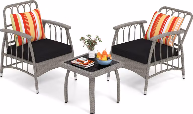 Set di mobili da giardino COSTWAY in polyrattan, mobili da balcone con schienale regolabile in 5 posizioni, tavolo e cuscino, gruppo di sedute per mobili da patio resistenti alle intemperie