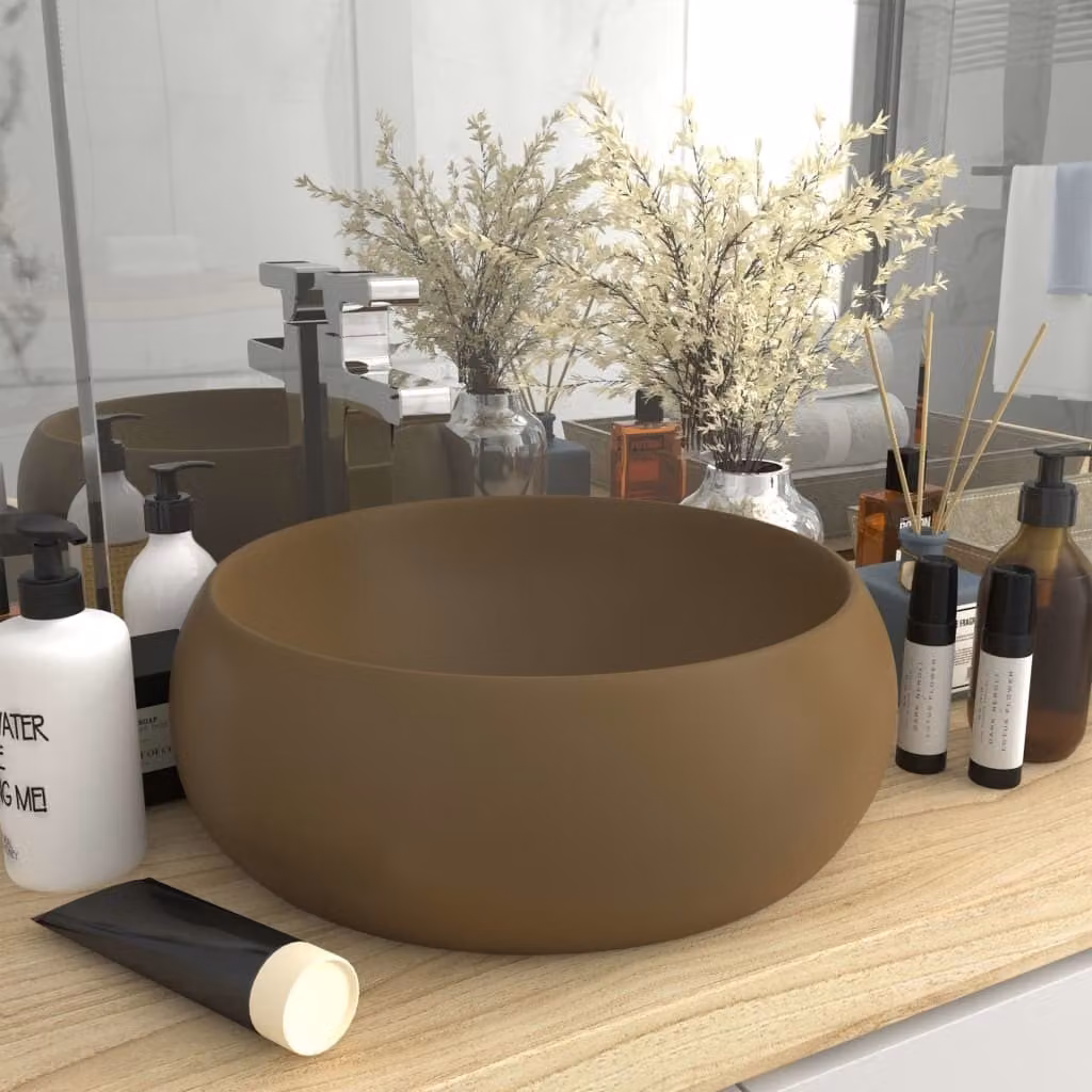 The Living Store Lussuoso lavabo rotondo Matt Cream 40x15 cm in Vetroceramica
